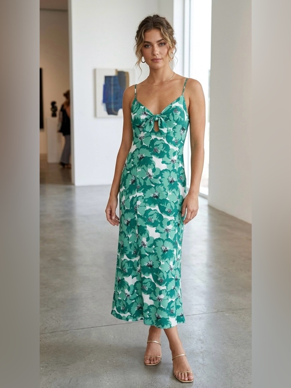The‎ Kooples Green Floral Tie-Front Silk Midi Slip Dress  size XS